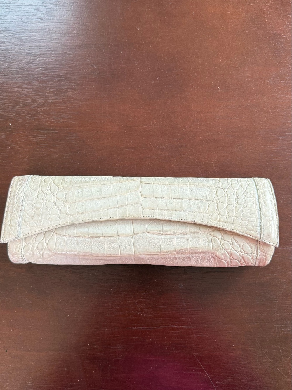 Croc-Embossed Cream Fold-Over Clutch